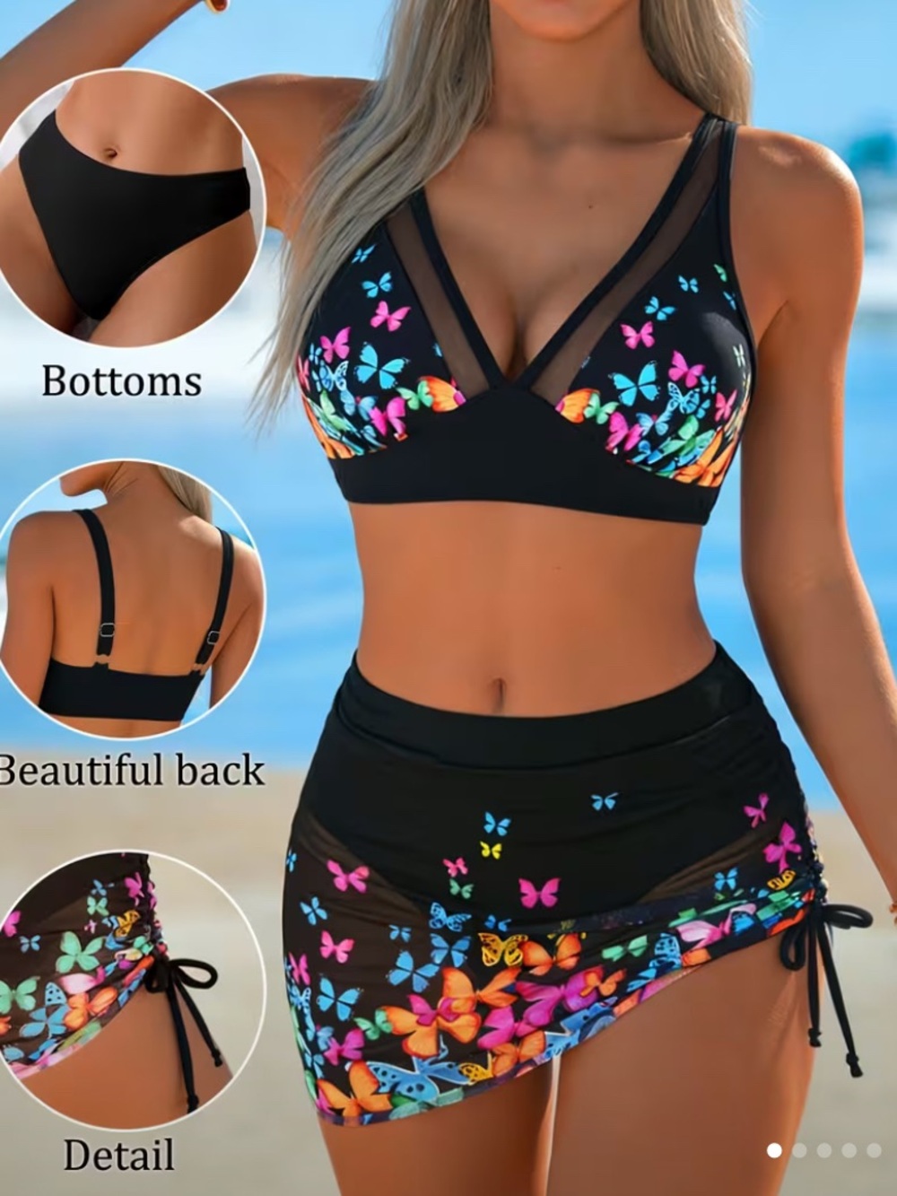 BUTTERFLY Colorful Print Black 3-PC Swimwear Set